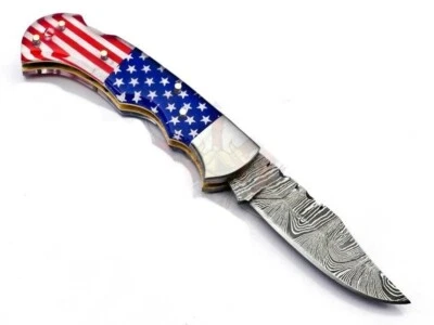 NAVAJA DE BOLSILLO BANDERA DE ESTADOS UNIDOS DAMASCO ACERO HOJA PLEGABLE CAZA DESOLLADO TÁCTICO Foto 1 de 4