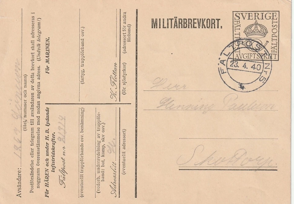 SUECIA: Correo militar, papelería postal militar 1940, puesto de campaña 5. Foto 1 de 1