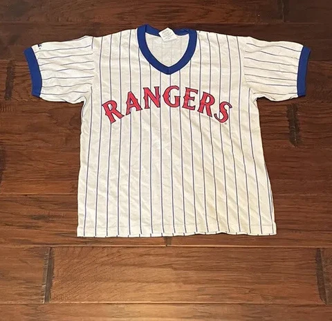 Majestic Youth Texas Rangers V-Neck Baseball Jersey Sz. YL NEW PINSTRIPE Cover