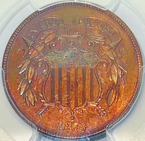 1873 2C PCGS PR65RB CAC 2 Cent Closed 3 Iridescent Monster Toned Proof 870896 Cover
