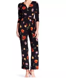 Eva Franco Cottagecore Belted Straight Leg Black Floral Jumpsuit Size 2P - Picture 1 of 11