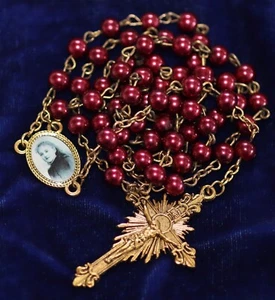 Vintage St. Therese Foto Bild Mitte Rot Metallic Perlen Rosenkranz - Bild 1 von 2