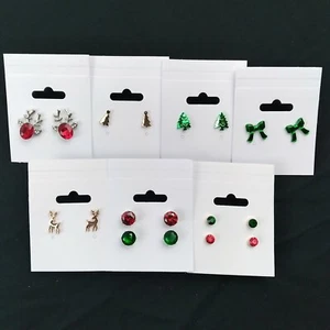 9 Pairs of Christmas Theme Rhinestone Stud Earrings lot Bows Trees Reindeers NEW - Picture 1 of 4