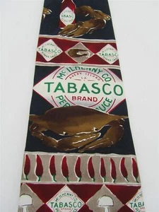 Dark Blue Silk Tie Tabasco Brand Bottles Peppers Mushrooms Seafood Men's Necktie - Picture 1 of 3