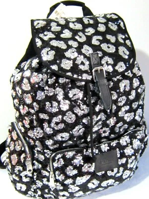 RARE BLING VICTORIA SECRET PINK Leopard SEQUIN CARRY ON BOOK BAG BACKPACK Travel - Image 1 of 4