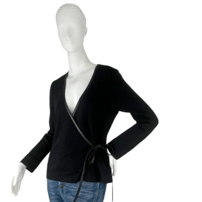 Douglas Hannant Negro Lana Merino Crepé Envolvente Corbata Top Borde Cuero Talla 4 Foto 1 de 4