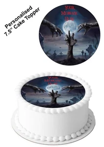 PERSONALISED Cake Topper Halloween ZOMBIE Edible Icing 7-8" Circle Decoration - Picture 1 of 10