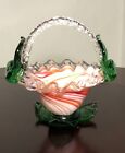 Vtg Murano Style Hand Blown Art Glass Peppermint Red Swirl Basket Applied Handle