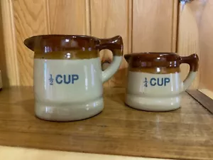 Vintage Set of 2 Brown Glazed Ceramic Crock Measuring Cups Stoneware, Taiwan - Picture 1 of 7