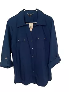 Zac & Rachael XXL Medieval Navy Woven Plus Knit Long Sleeve Women's Button Up... - Picture 1 of 15