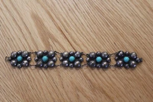 Bracciale Vintage Messicano Argento Turchese Pannello Legato Fatto A Mano Lungo 7 1/4" Firmato - Foto 1 di 13
