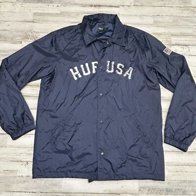 Huf Jacket Men’s Medium USA Blue Windbreaker Neck pocket Coach Logo Skateboard - Image 1 of 4