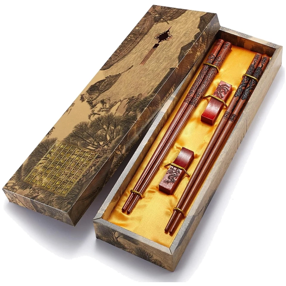 Chopsticks Reusable Chinese Style Dragon & Phoenix W Holder Carrying Bag Gift SE