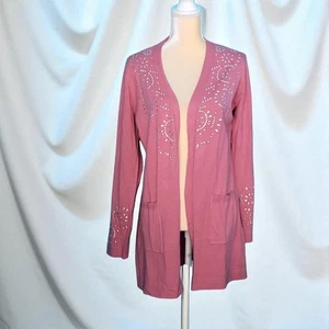 Cardigan Sweater Carolyn Taylor Embellished bling Sz Large Pockets Dusty Pink - Picture 1 of 7