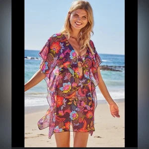 BECCA by Rebecca Virtue Portofino Tunika Cover Up XS Blumen Metallic transparent Kleid - Bild 1 von 10