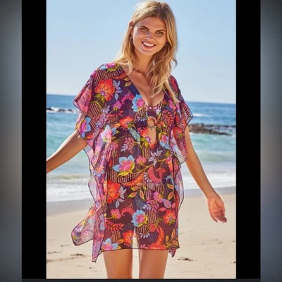 BECCA by Rebecca Virtue Portofino Tunic Cover Up XS Floral Metallic Sheer Dress - Image 1 of 4