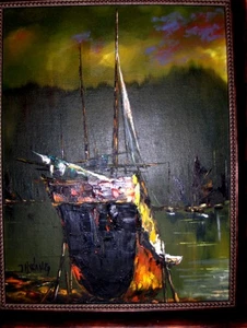 Dipinto olio originale d'epoca NAVE barca da pesca tempesta mare tramonto firmato J H WANG - Foto 1 di 12