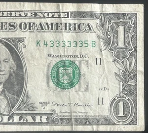 (6 IN A ROW!) $1 6 In A Row 3s Fancy Serial Number K43333335B Series 2017 - Picture 1 of 3