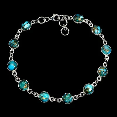 925 Sterling Silver Bracelet Round Turquoise 6mm Natural Gemstone Jewelry 7.5in - Image 1 of 4