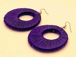 E562 Bohemian handmade Round Wood purple color Thread Dangle fashion Earrings - Picture 1 of 5