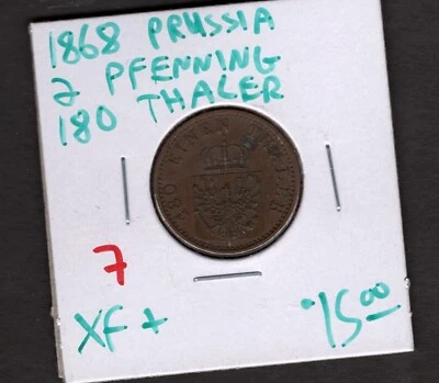 1868 Prussia- 2 Pfenning 180 Thaler- XF+ - Image 1 of 2