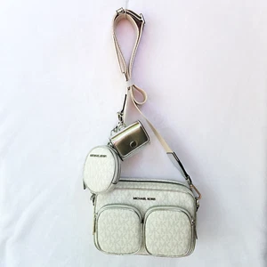Michael Kors Jet Set Purse Medium Crossbody Silver Logo Print w/ Coin & Wallet - Picture 1 of 12