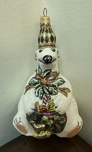 Large Art Glass Christmas Tree Ornament Polar Bear Poinsettia Mica Glitter - Picture 1 of 8
