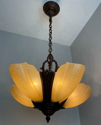 1930s Art Deco 5 Light Cast Iron Slip Shade Fixture #2 Cover