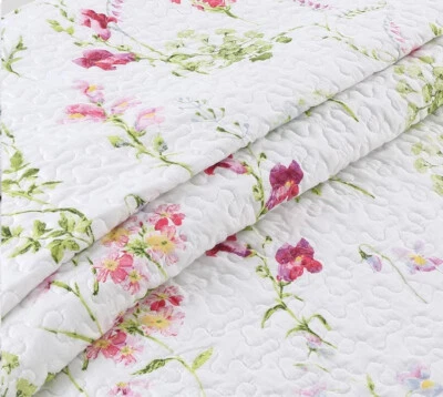SPRING GARDEN 3pc Queen QUILT SET : COTTAGE PINK COZY CHIC SHABBY ROSE FLOWERS