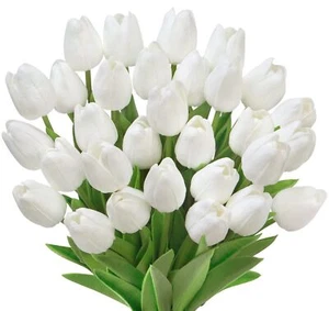 30 Pcs White Artificial Tulip Flowers Pu Real Touch Fake Plants Faux Bouquet For - Picture 1 of 7