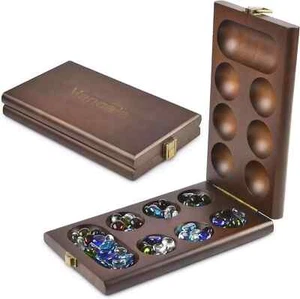 Wooden Mancala Board Game 72+8 Multi Color Glass Stones - Folding - Instruction - Picture 1 of 10