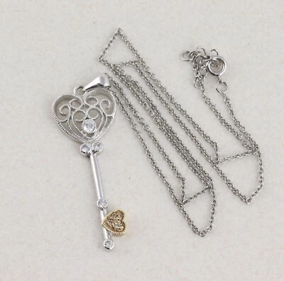 Sterling Silver Heart Key Heart Necklace Cz accents 16 inch chain - Image 1 of 4