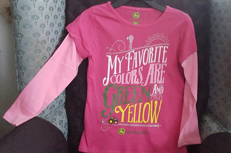 NEW John Deere pink Layered Sleeve my fav colors are green & yellow size 12 - Image 1 of 1
