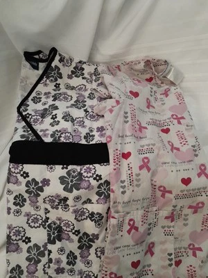 Lot Of 2 Womens Scrub Tops Size M With Pockets Misc Brands Flowers Breast Cancer - Image 1 of 4