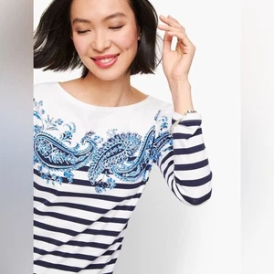 Talbots Womens MP Cotton Bateau Neck Tee Paisley Stripe Blue White - Picture 1 of 8
