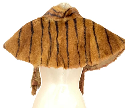 Vintage 1900s brown genuine fur stole stripe capelet black mink silk shrug - Image 1 of 4