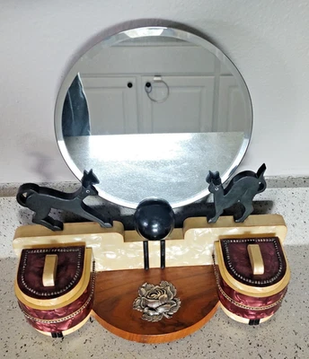 Antique Art Deco Vanity Cabinet with Round Beveled Mirror - Image 1 of 4