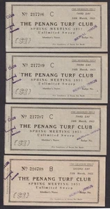 Malaya THE PENANG TURF CLUB 1953 $1 Sweep tickets (4) - Picture 1 of 2