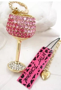 Betsey Johnson Necklace WINE Glass Pink Gold Crystal NAPA VALLEY Gift Box Bag - Picture 1 of 12