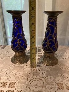 Two Vintage Cobalt Blue And Silver Casted Pillar Candle Holders Orient Scroll - Picture 1 of 9
