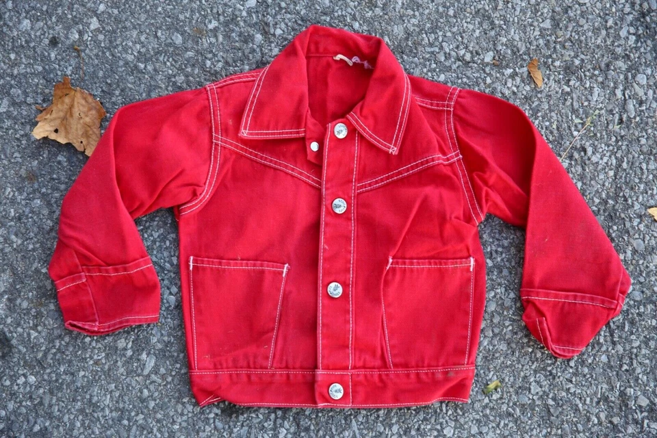 Vintage 60s Denim Jacket Stove Pipe Childrens Workwear Farm Chore Coat red - Image 1 of 4