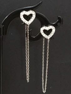925 Sterling Silver Heart Chain Earrings Cubic Zirconia CZ Love Heart Studs - Picture 1 of 3