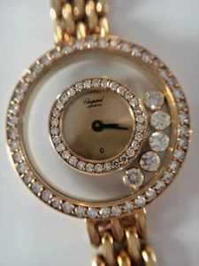 Chopard Happy Diamonds Watch 18k Yellow Gold 5 Floating Diamonds Time Set Stick - Picture 1 of 9