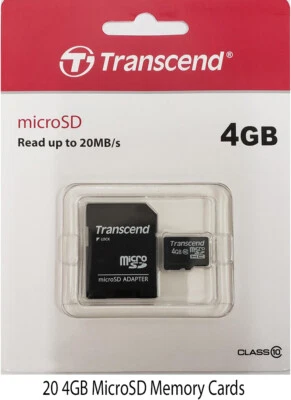 20 x Transcend 4GB Micro SD Memory Card + Adapter for Camera Phone MP3 Tablet   - Image 1 of 3