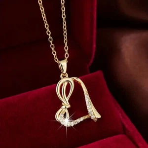 Beautiful Unique Love Heart Shape Inlaid Cubic Zirconia Necklace Jewelry - Picture 1 of 6