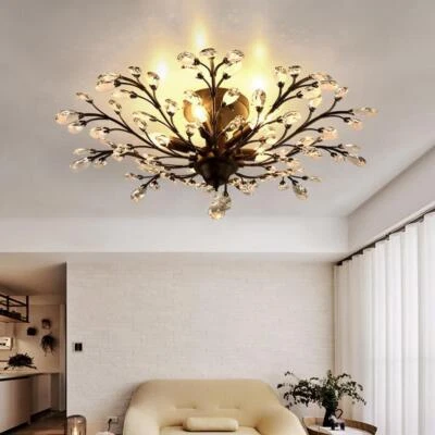 Lámpara de araña de cristal con flores negras vintage de 31" accesorio de techo semi-al ras 5 luces Foto 1 de 4