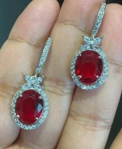 5.50ct Oval Cut Natural Red Ruby & Diamond Earring Set Real 14K Solid White Gold - Picture 1 of 16