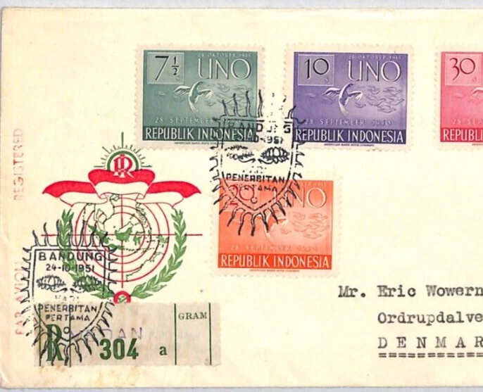 INDONESIA 1951 Cachet FDC Naciones Unidas DOVES correo aéreo registrado AVES YE174 Foto 1 de 4