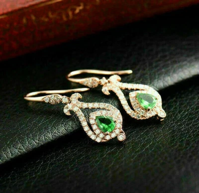 1.50 Ct Pear Cut Emerald Drop And Dangle Hook Earrings Gift Yellow Gold plated - Image 1 of 3