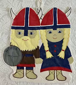Norwegian Viking Man & Woman Helmets With Horns Hanging Cloth Norge Shield 8”X7” - Picture 1 of 6